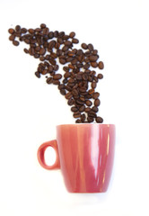 coffee beans with a cup on a white background.