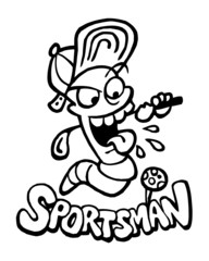 Earthworm sportsman with baseball cap with golf club and ball playing golf, cheerful mascot with big smile, black and white cartoon