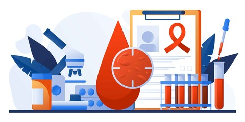 Medical diagnostic concept. Lab research. Patient blood in test tubes. Banner, flyer, landing page template. Exam blank document. Laboratory glassware and hiv test with microscope. AIDS, HIV, CoV.