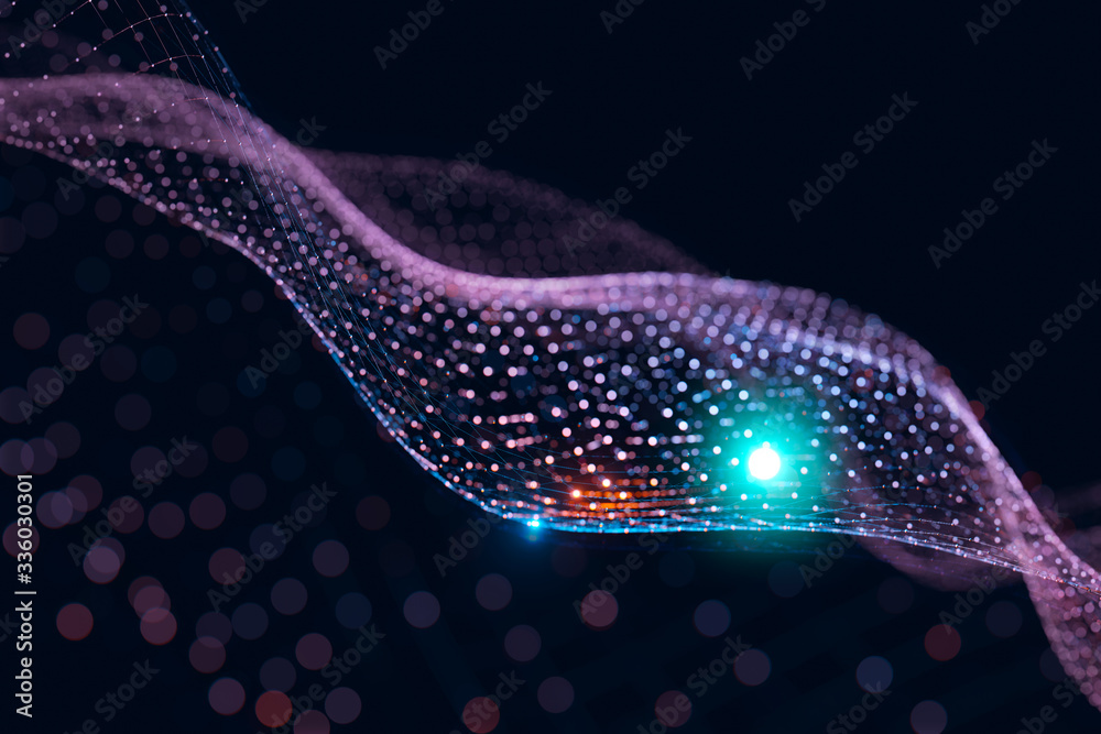 Poster Moving neon blue and orange wireframe pattern forming a digital network connection on dark background