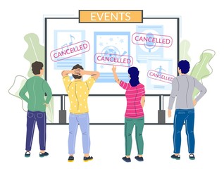 Cancelled events due to corona virus pandemic, vector flat illustration