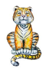 Beautiful watercolor drawing of a tiger cub on a white background