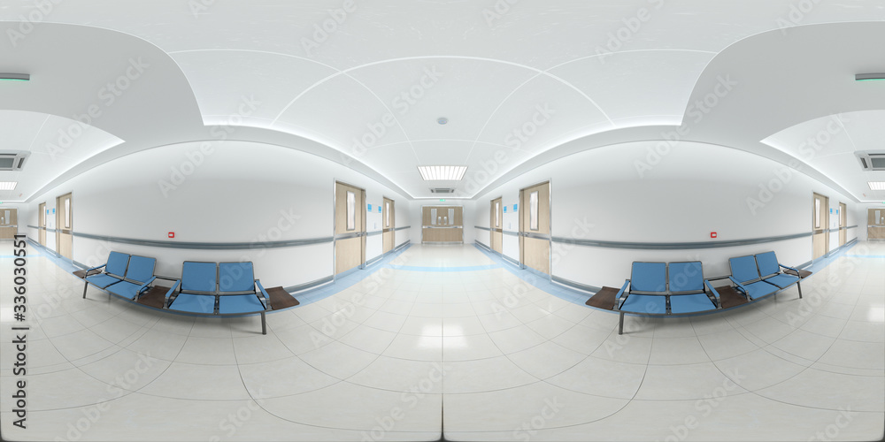 Poster high resolution hdri panoramic view of a hospital corridor. 360 panorama reflection mapping hallway 