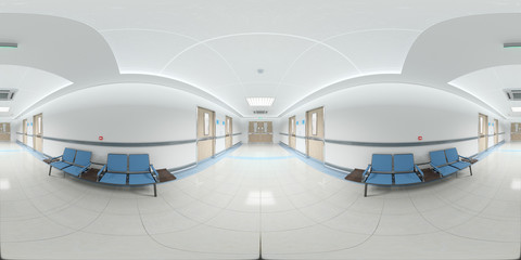 High resolution HDRI panoramic view of a hospital corridor. 360 panorama reflection mapping hallway medical interior. 3D rendering © sdecoret