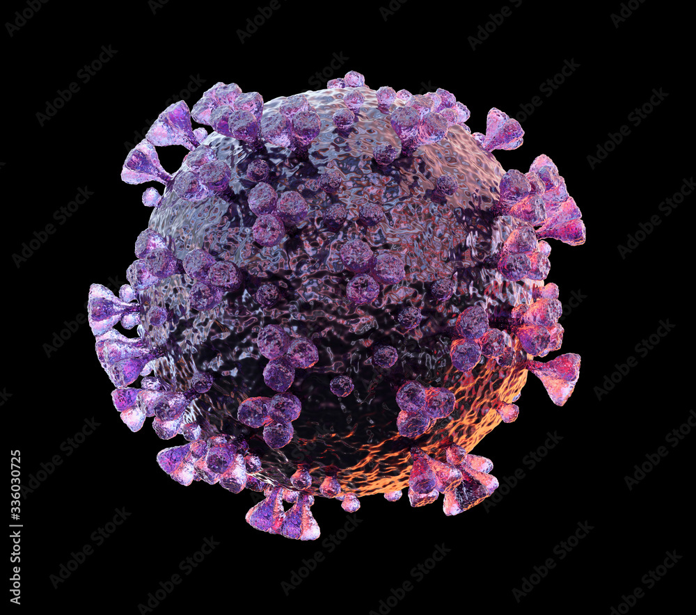 Poster 3D rendering of the coronavirus on a microscopic level isolated on black background. Microscope close-up of the covid-19 disease. 2019-nCoV virus