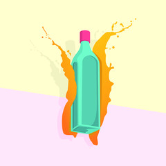 Green bottle with orange water splash and lite color background design vector