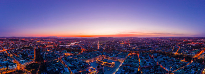 Panorama of Krakow Poland downtown and main city square at dusk