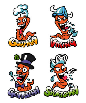 Earthworm sportsman, gentleman, gourmet and viking, cheerful mascot with big smile, color cartoon set