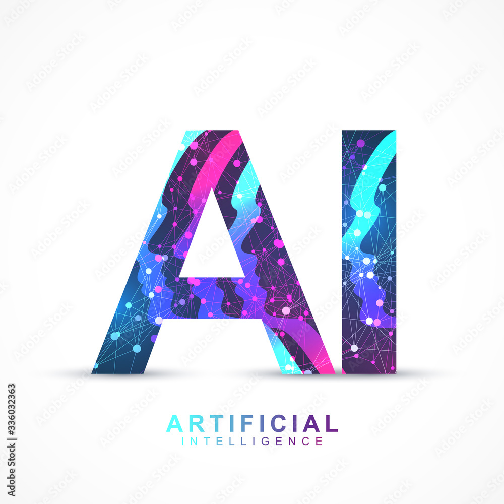 Leinwandbilder Artificial Intelligence Logo Plexus effect. Artificial Intelligence and Machine Learning Concept. Vector symbol AI. Neural networks and another modern technologies concepts. Technology sci-fi concept.