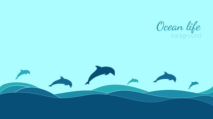 Fototapeta na wymiar Vector background, in blue colors, on the theme of ocean life. Waves with dolphins jumping out of the water. Place for text. Copyspace.
