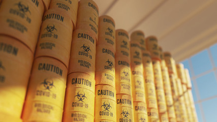 Industrial waste. Biohazard symbol. coronavirus. 3D render