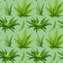 Naklejka na ściany i meble Watercolor cannabis seamless pattern. Hemp hand drawn pattern. Cannabis oil background on green