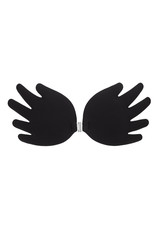 Subject shot of a black strapless bra made as hands-shape cups with a front clasp and designed for clothes with low neckline. The elegant bra is isolated on the white background.