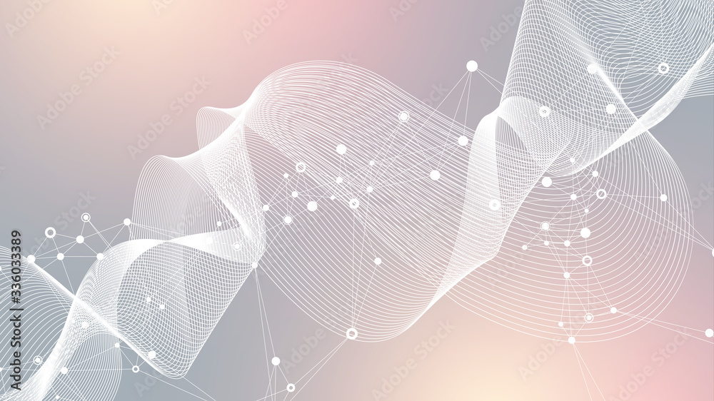Poster Geometric abstract background with connected line and dots. Network and connection background for your presentation. Graphic polygonal background. Wave flow. Scientific vector illustration.