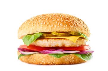 Classic burger with beef or chicken cutlet, tomatoes. fermented cucumber, red onion, cheese, basil and spinach in sesame bun. Isolated on white background. American burger.