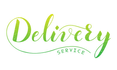 Vector hand written delivery text isolated on white background. Food or parcel delivery service. Script brushpen lettering with flourishes. Handwriting for banner, poster, company label or logo