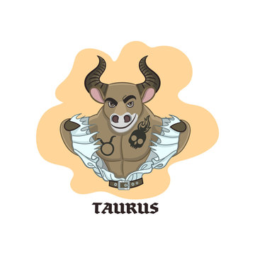 Vector illustration of taurus simbol. Brutal taurus-man tear off his clothes isolated on white background. Picture for prints, stickers and design.