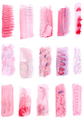 red / purple abstract watercolor textures set. paint splashes on isolated white background, hand painted