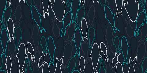 seamless pattern with linear fish silhouettes on a dark background. Modern abstract design for paper, cover, fabric, interior decor