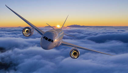 passenger plane flying above the clouds at sunset - 3d illustration
