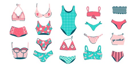 Lingerie and swimsuits vector stickers set. Various types of woman beach fashion clothes, swimsuit, bikini, monokini. Underwear tops and bottoms. Vector flat illustration isolated. Summer vibes banner