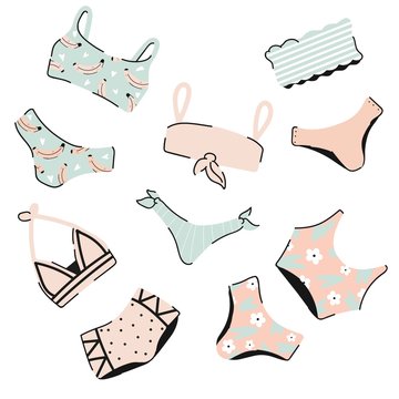 Lingerie and swimsuits vector stickers set. Various types of woman beach fashion clothes, swimsuit, bikini, monokini. Underwear tops and bottoms. Vector flat illustration isolated. Summer vibes banner