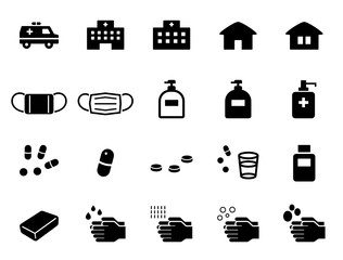 救急車,病院,マスク,フェイスマスク,手洗い,薬,石鹸などの医療系アイコンセット