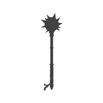 Black silhouette of isolated knight mace. Morning star. Medieval weapon icon. Fantasy club sign