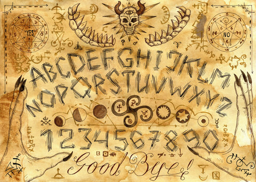 Ouija spiritual board design with alphabet, hands and magic seals on paper background