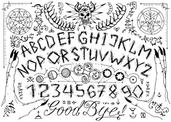 Vector ouija spiritual board design with alphabet, magic seals, hands and alchemy signs.