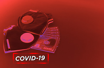 respirators, dollars and thermometer in red-black spector