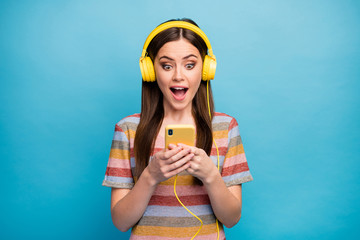 Close-up portrait of her she nice lovely pretty charming amazed cheerful cheery girl listening...