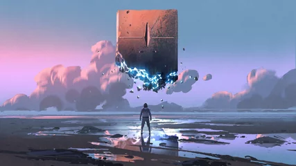 Rolgordijnen een man die naar de monoliet kijkt die in de lucht zweeft, digitale kunststijl, illustratie, schilderkunst © grandfailure