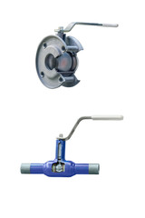 two modern shut-off valves with automatic control for gas pipeline isolated on a white background. Transverse section
