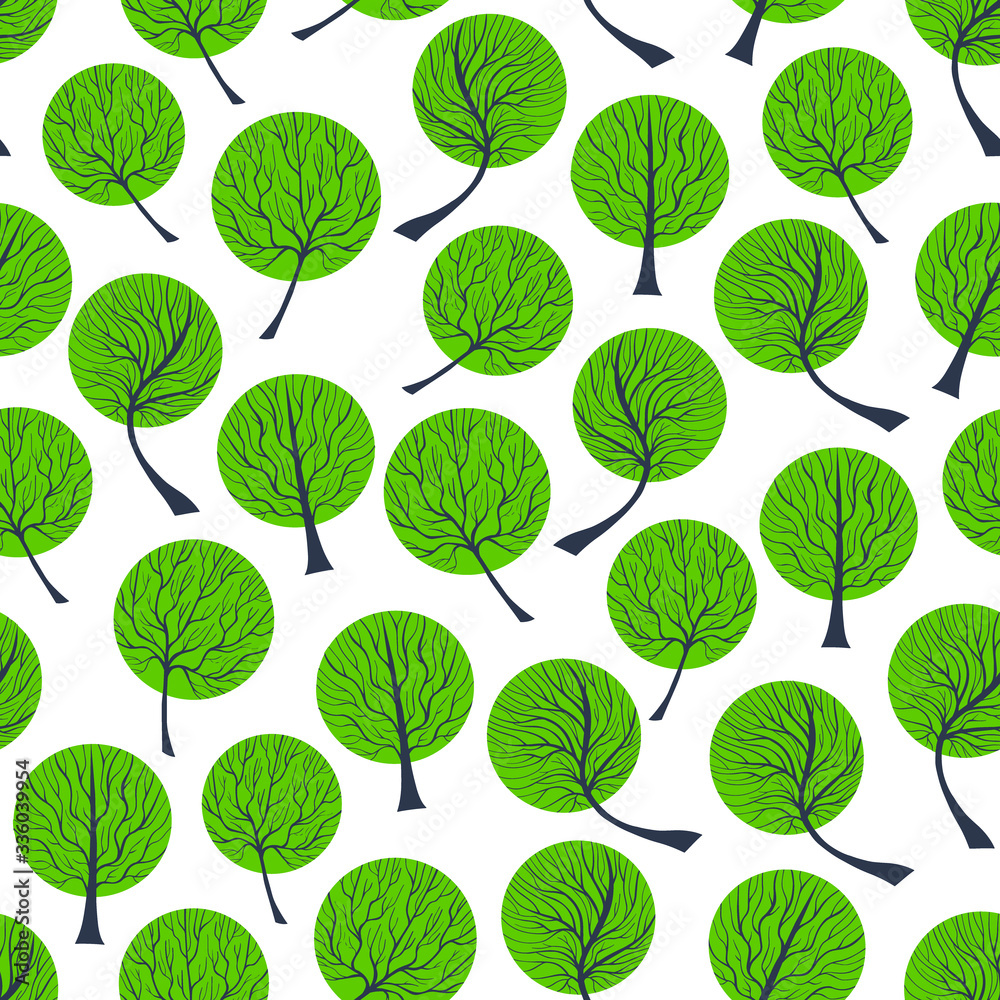 Wall mural seamless pattern with vector green tree leafage. hand drawn natural illustration with stylized trees