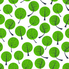 Seamless pattern with vector green tree leafage. Hand drawn natural illustration with stylized trees. Park, garten and outdoor recreation concept. Eco background.