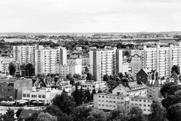 Obraz na płótnie Canvas Residential district in Malbork, Poland. Black and white retro style.