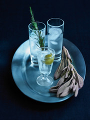 drinks on a tray on a dark background with greenery