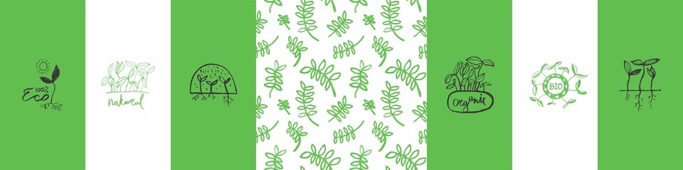 Vector hand-drawn emblem for agricultural logo with  hydroponics concept. Eco emblem with growing leaf for label of baby plants. Growth icon with microgreens and floral ornament.