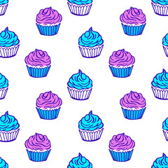 Cupcake seamless pattern with white background. Colorful cupcakes vector illustration. Yummy desserts.
