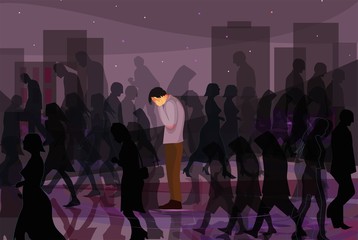 two-faced people. A guy in a crowd of hypocritical people . Vector illustration shows the problem of society . Many people, many masks, many shadows - obrazy, fototapety, plakaty