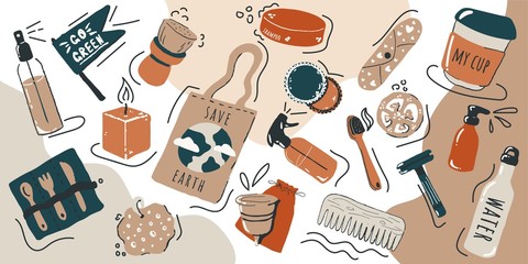 Zero waste lifestyle vector illustration set, No plastic. Eco bag, wooden cutlery, comb, toothbrush, loofah,soap, shampoo, menstrual cup and pad. Nature protection banner with place for text