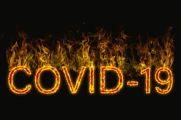 Fototapeta na wymiar The designation of a Covid 19 virus as burning letters on a black background