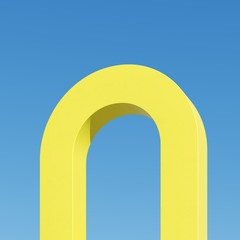 Yellow shape curve building with shadows on sky background. Minimal architecture Ideas concept. 3D Render.