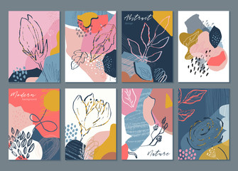 Vector collection of eight trendy creative cards with hand drawn floral elements, flowers and different textures.