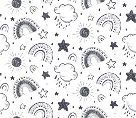 Materiał do szycia Vector seamless pattern with hand drawn rainbow, star, sun, cloud. Childish texture for fabric, textile, apparel.