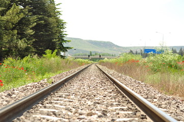 Detailed view on railroad tracks and railroad crossings in Eskisehir city.