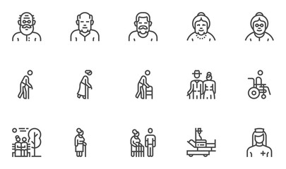 Elder People Vector Line Icons. Old Man, Aging, Grandfather, Grandmather, Disabled Healthcare, Nursing. Editable Stroke. 48x48 Pixel Perfect.