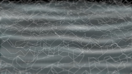 White abstract polygonal waves on black background behind transparent web curtain.