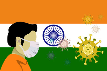 Illustration vector graphic of image man wearing surgical mask to prevent Covid-19 and diseases on india flag background. Wuhan virus disease. Coronavirus outbreak in india.